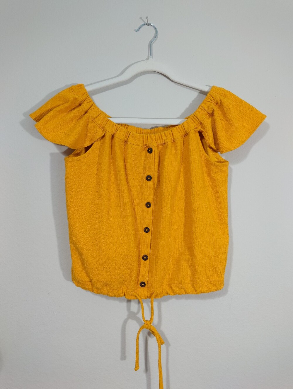 Madewell Mustard Yellow Off Shoulder Flutter Sleeve Tie Hem Top Size S